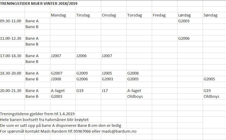 Treningstider Fotball 1. nov 2018 - 1. april 2019